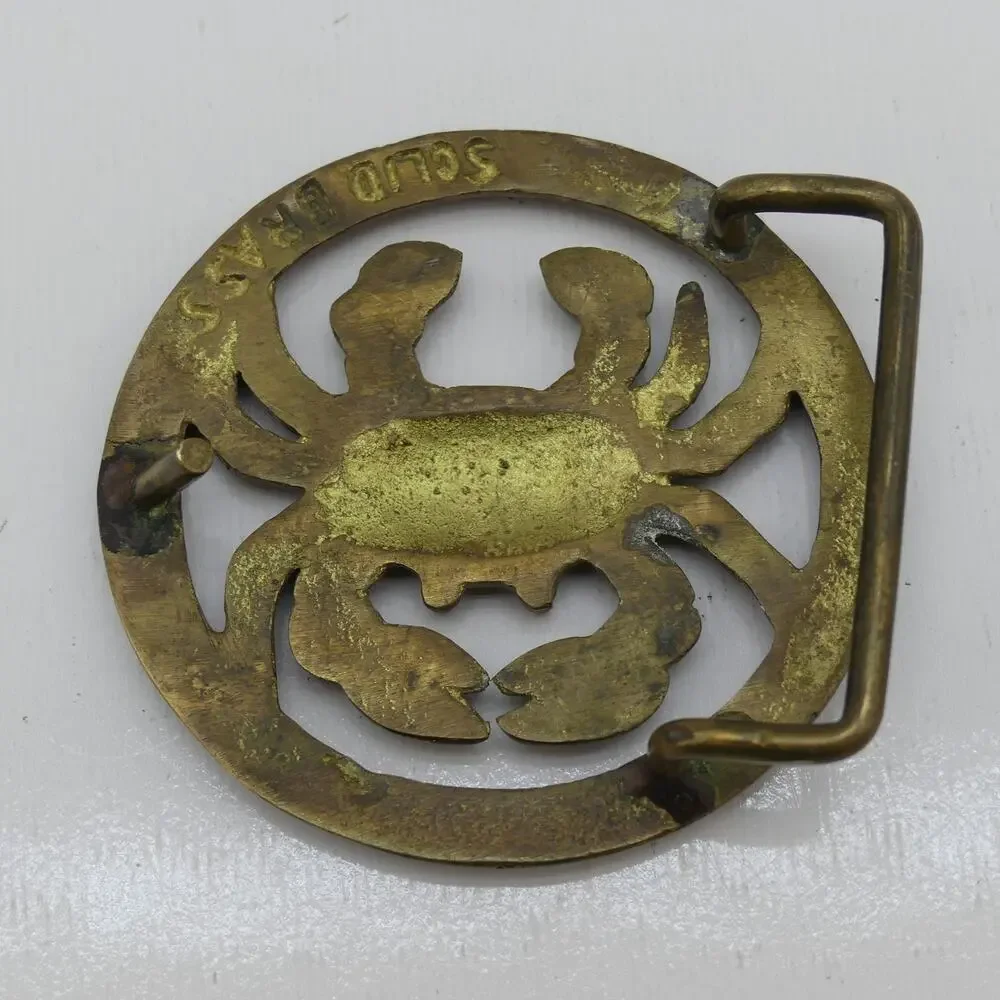 Vintage Solid Brass Crab Belt Buckle Round Nautical Coastal Beachwear Unisex